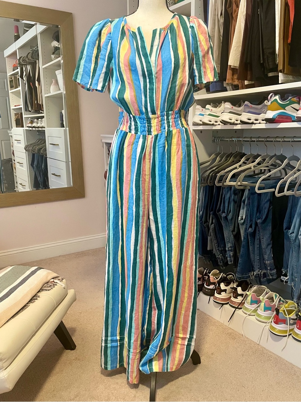 Anthropologie Multicolor Vertical-Stripe Smocked-Waist Jumpsuit